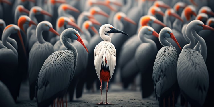 A picture of a white sea bird in a gaggle of grey sea birds